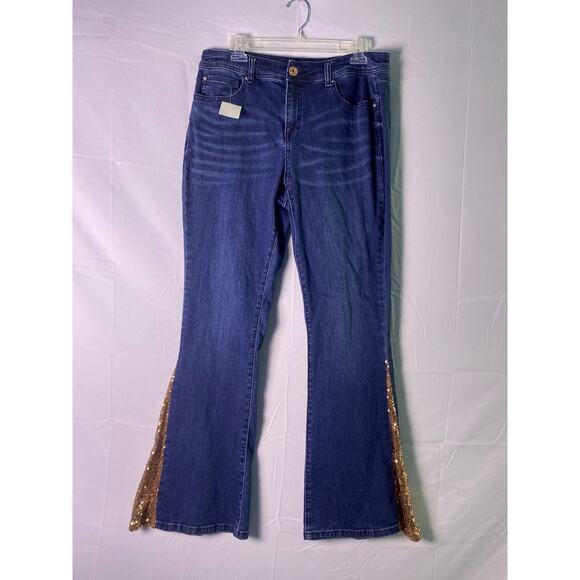 Y2K INC Dark Wash Side Rose Gold Sequin Flare Bell Bottom Jeans Women's Size 12 - Picture 1 of 2